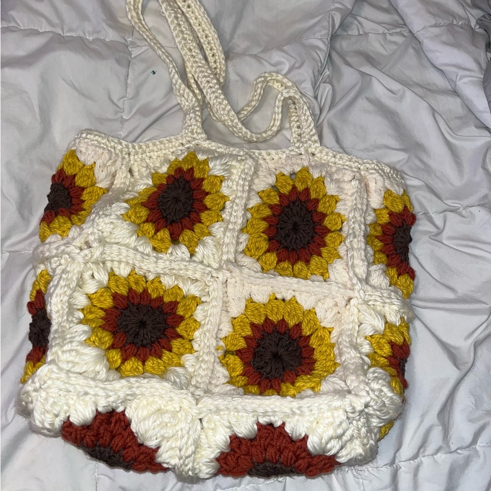 Handmade crochet sunflower pattern tote with shoulder straps
